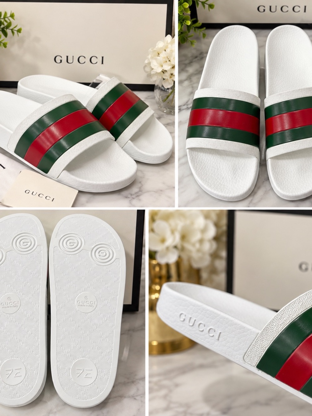 Gucci White Slides with Green and Red Stripes